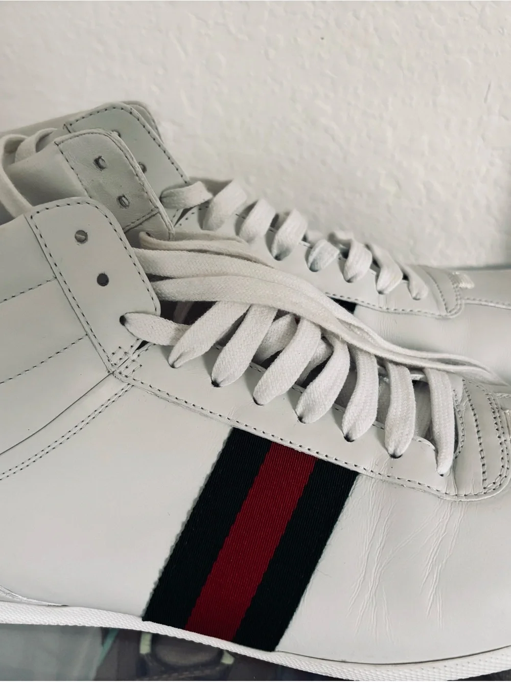 Men's Gucci White High-Top Sneakers with Red & Green Stripe